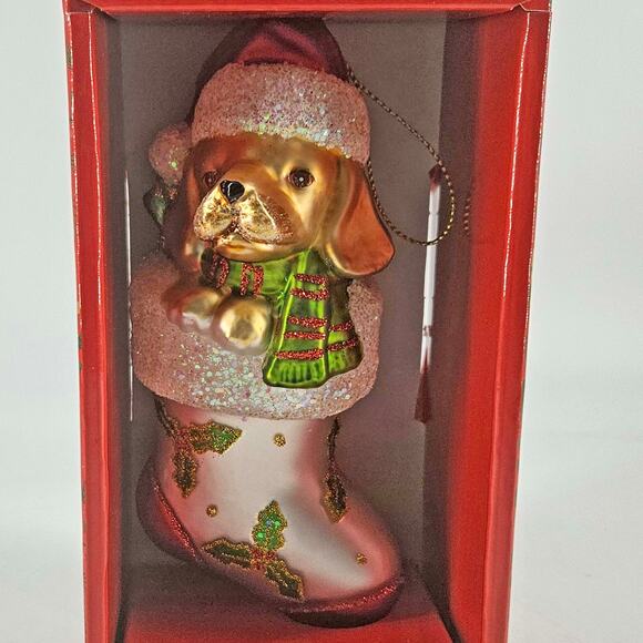 Golden retriever Labrador Cat in Christmas Stocking Glass Hand Painted ornament - Picture 2 of 3